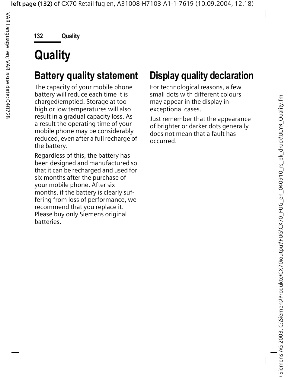 Quality, Battery quality statement, Display quality declaration | Siemens CXT70 User Manual | Page 133 / 151