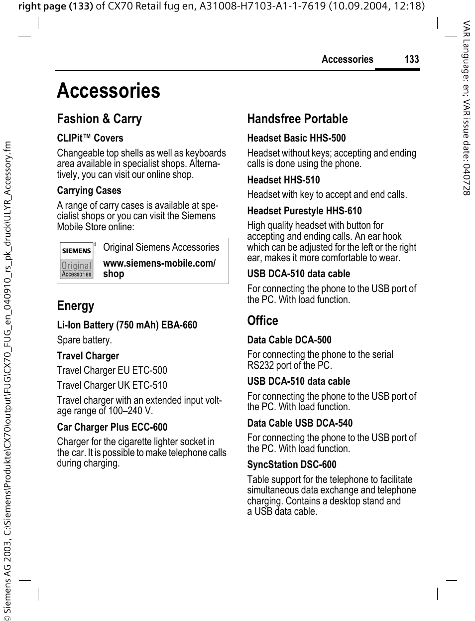 Accessories, Fashion & carry, Energy | Handsfree portable, Office | Siemens CXT70 User Manual | Page 134 / 151