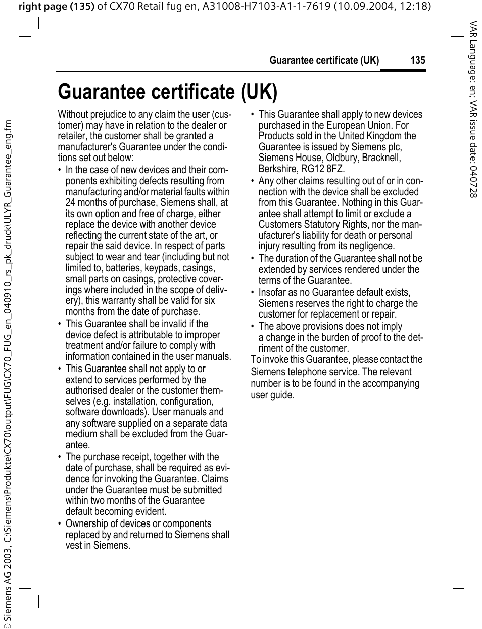 Guarantee certificate (uk) | Siemens CXT70 User Manual | Page 136 / 151