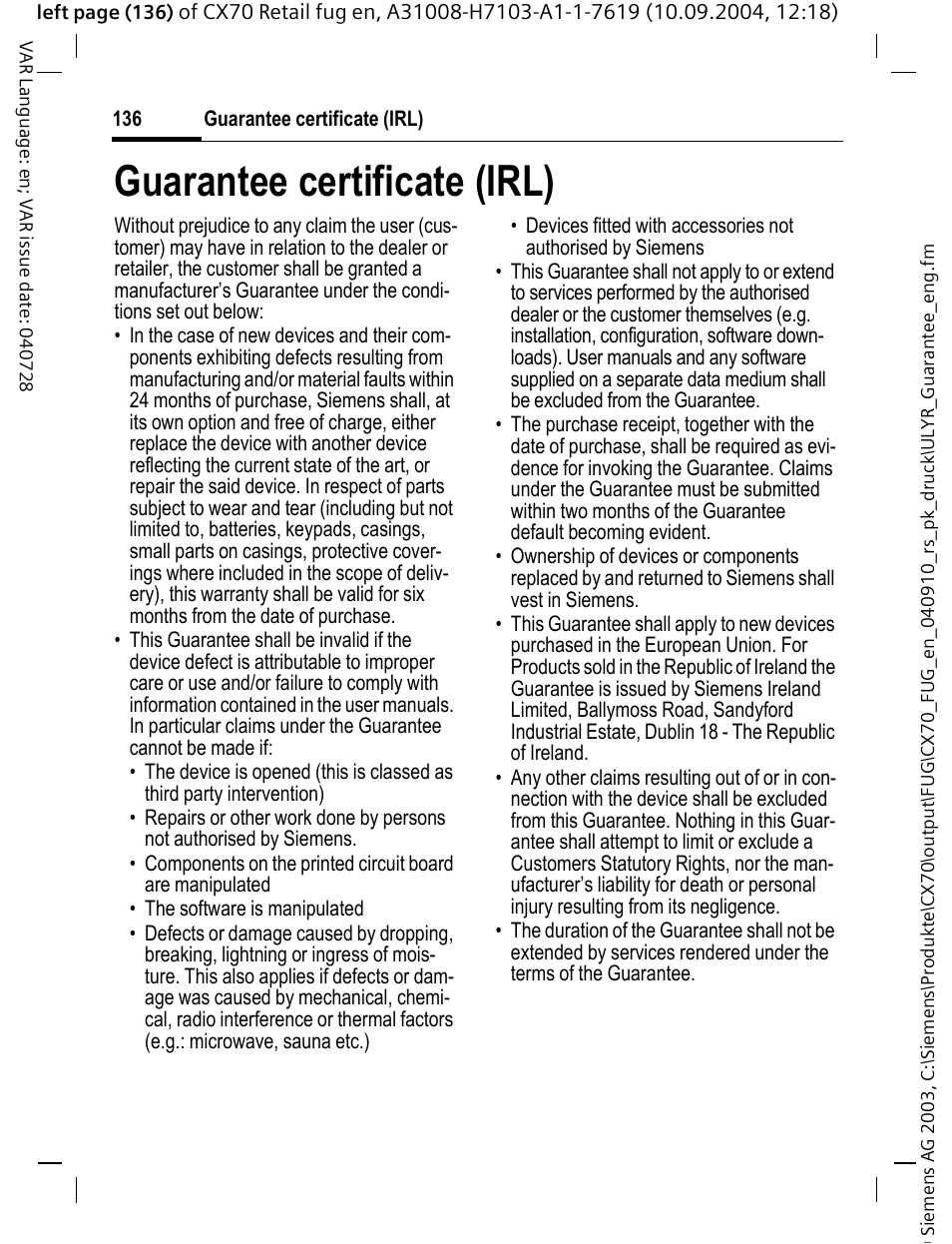 Guarantee certificate (irl) | Siemens CXT70 User Manual | Page 137 / 151