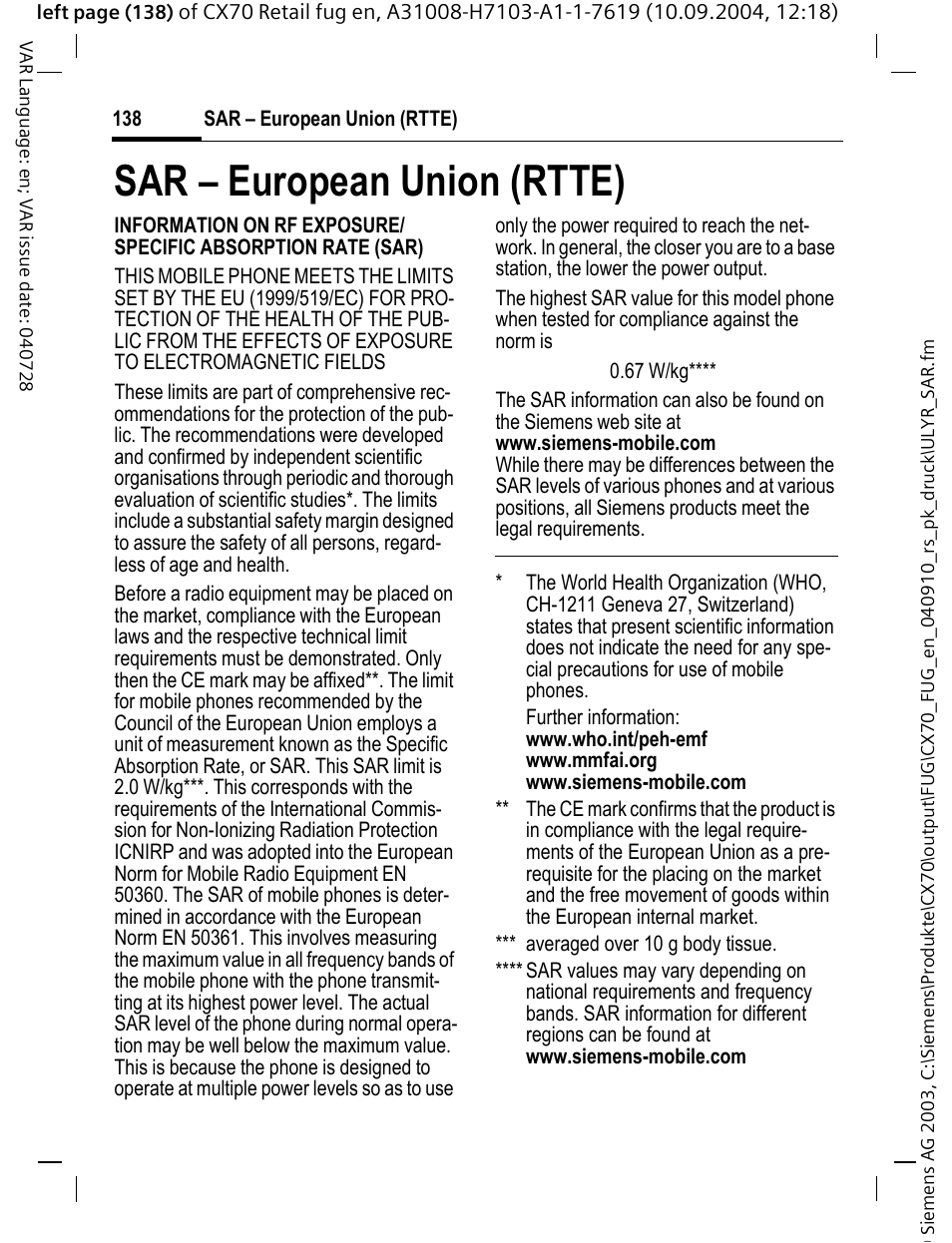 Sar – european union (rtte), Sar – european union, Rtte) | Siemens CXT70 User Manual | Page 139 / 151