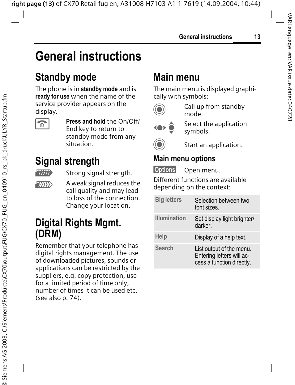 General instructions, Standby mode, Signal strength | Digital rights mgmt. (drm), Main menu | Siemens CXT70 User Manual | Page 14 / 151