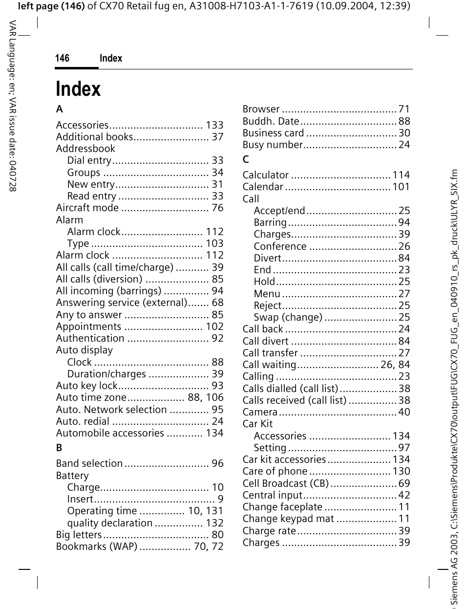 Index | Siemens CXT70 User Manual | Page 147 / 151