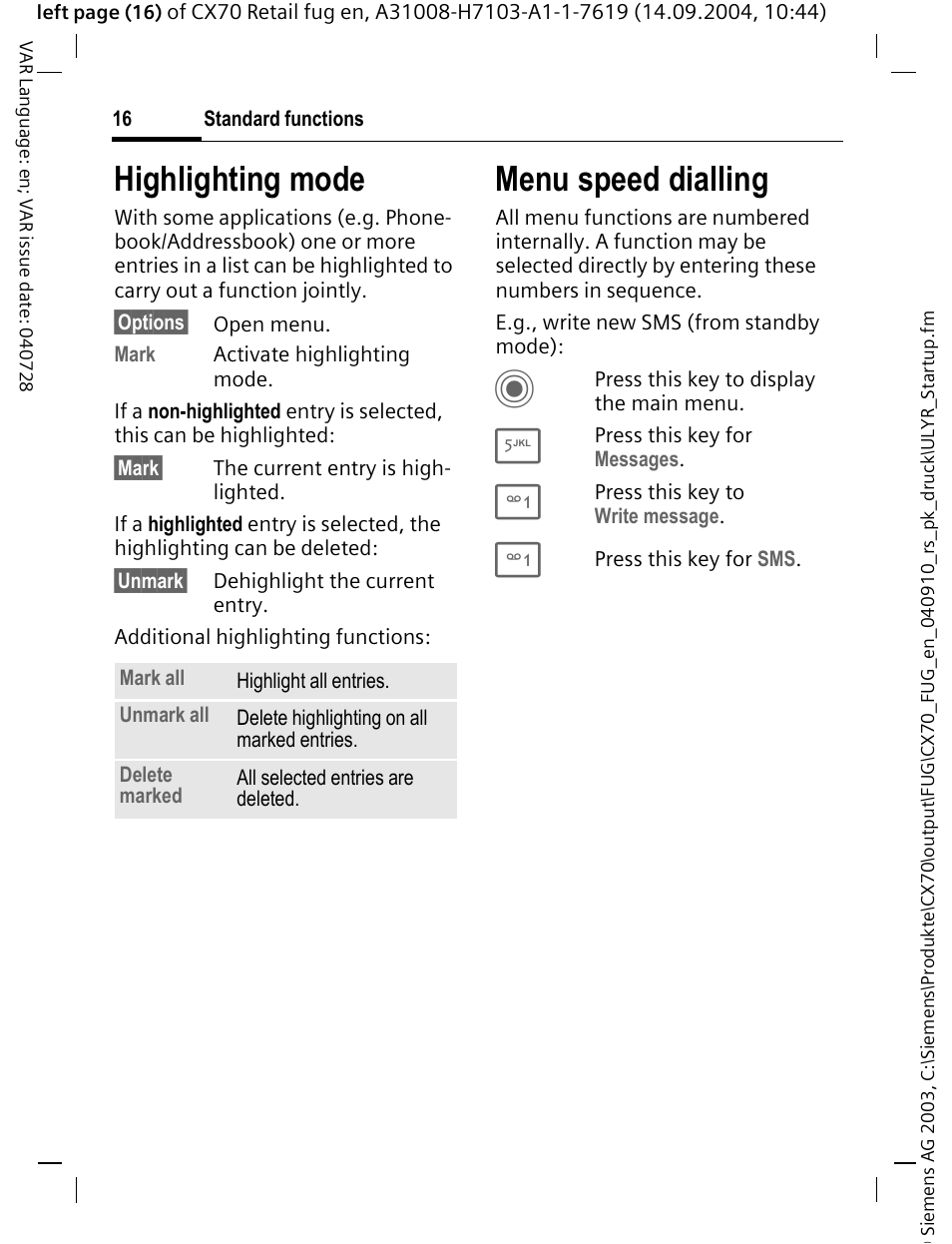 Highlighting mode, Menu speed dialling | Siemens CXT70 User Manual | Page 17 / 151