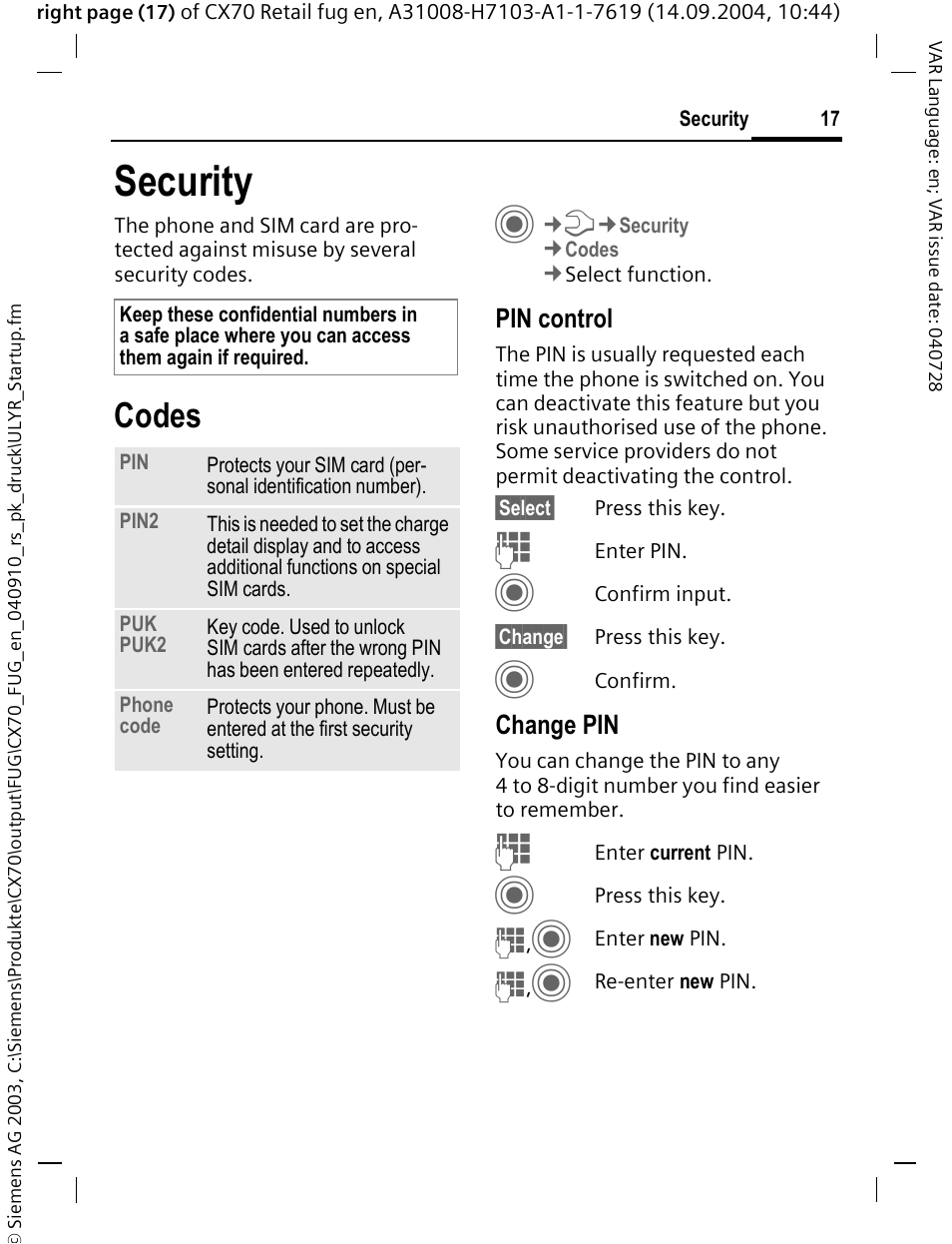 Security, Codes | Siemens CXT70 User Manual | Page 18 / 151