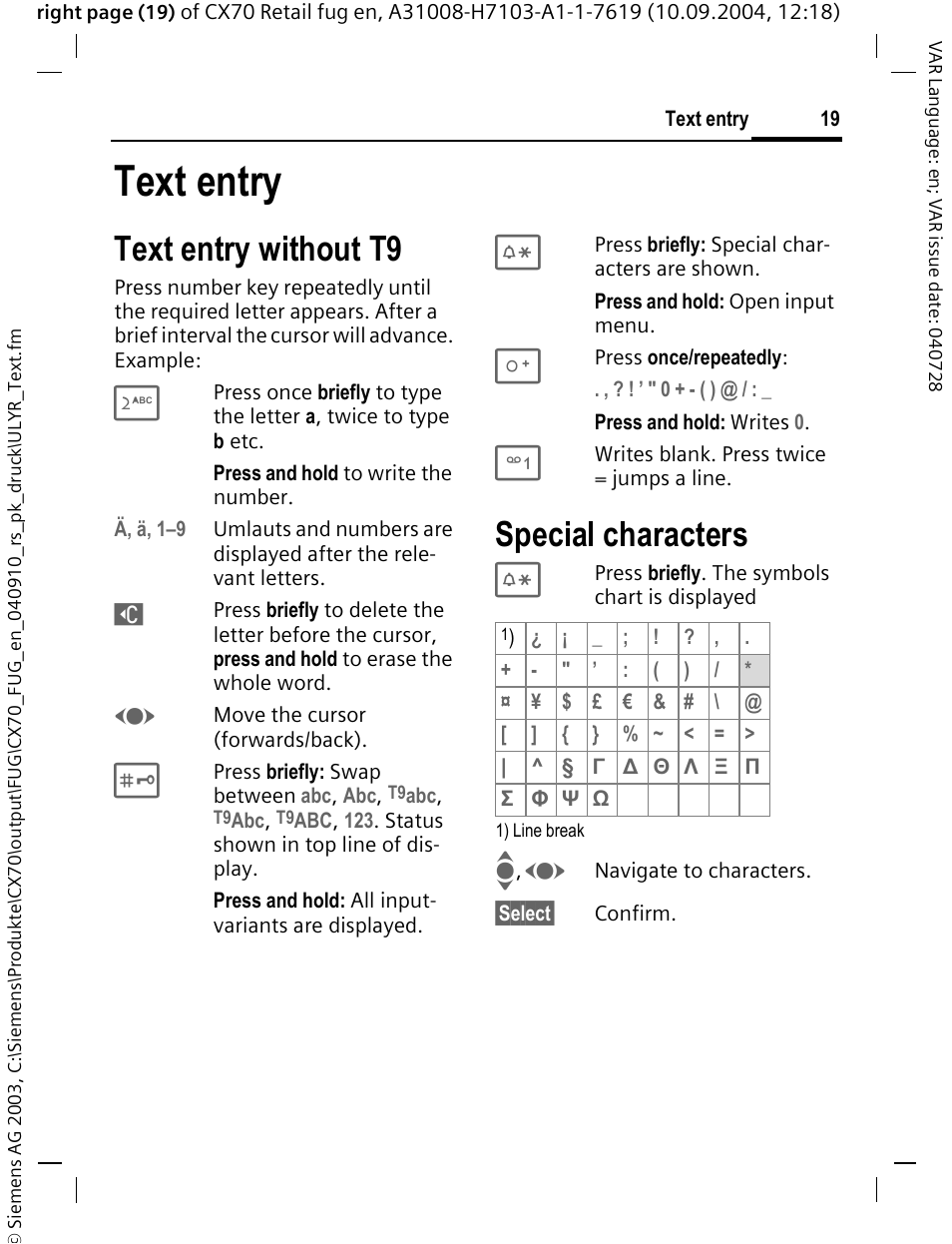 Text entry, Text entry without t9, Special characters | Siemens CXT70 User Manual | Page 20 / 151