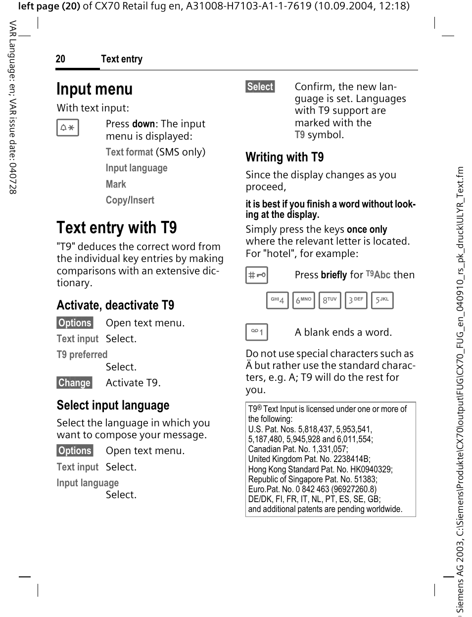 Input menu, Text entry with t9, Activate, deactivate t9 | Select input language, Writing with t9 | Siemens CXT70 User Manual | Page 21 / 151