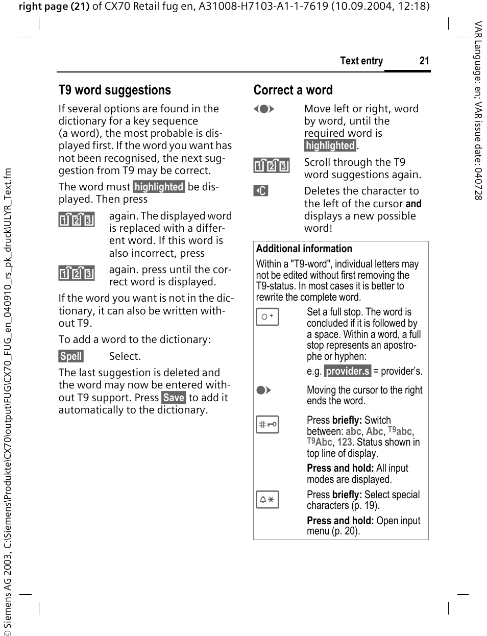 T9 word suggestions, Correct a word | Siemens CXT70 User Manual | Page 22 / 151