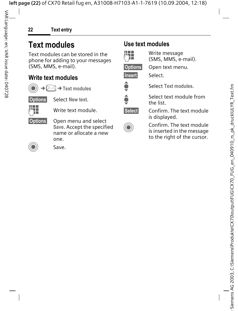 Text modules | Siemens CXT70 User Manual | Page 23 / 151