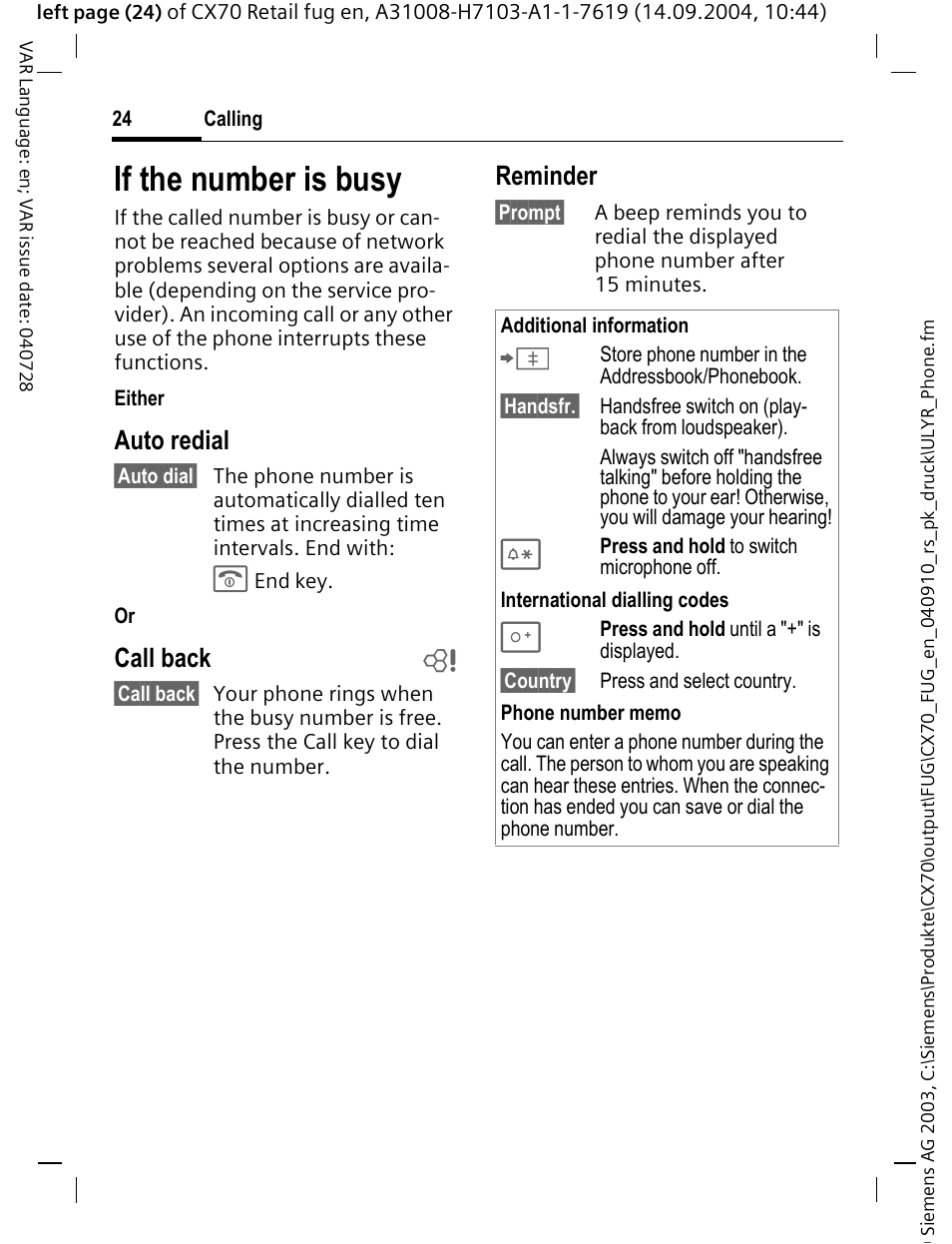 If the number is busy, Auto redial, Call back b | Reminder | Siemens CXT70 User Manual | Page 25 / 151