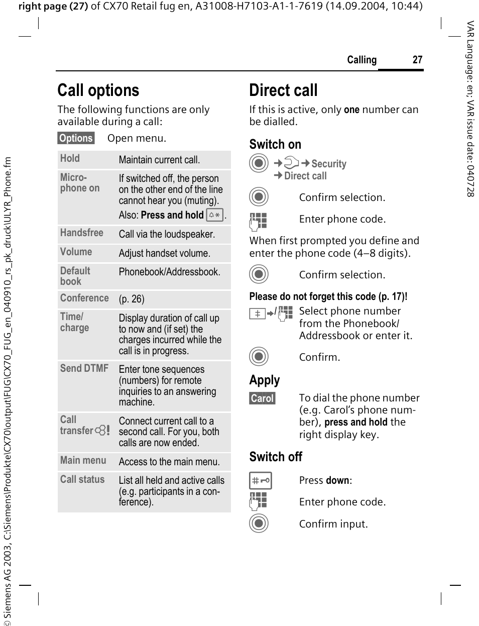 Call options, Direct call | Siemens CXT70 User Manual | Page 28 / 151