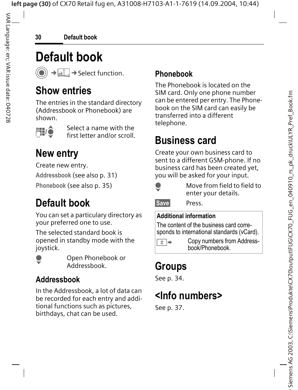 Default book, Default book c, Show entries | New entry, Business card, Groups, Info numbers | Siemens CXT70 User Manual | Page 31 / 151