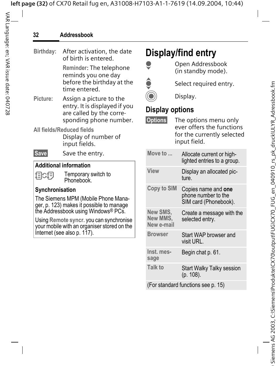 Display/find entry, Display options | Siemens CXT70 User Manual | Page 33 / 151