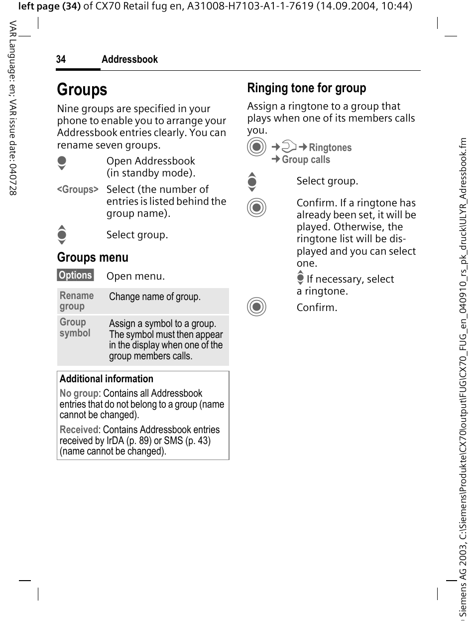 Groups, See p. 34, Groups menu | Ringing tone for group | Siemens CXT70 User Manual | Page 35 / 151