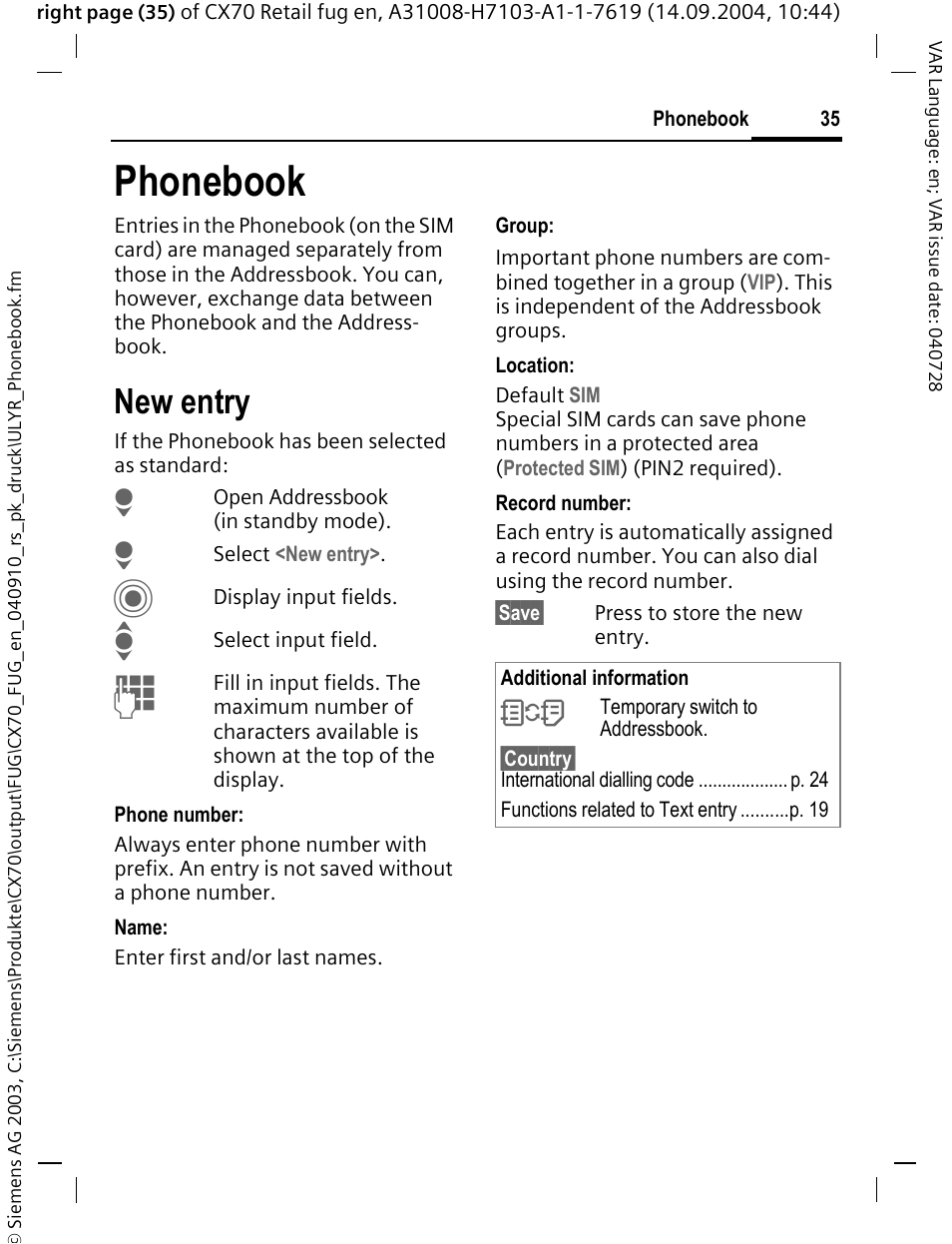 Phonebook, New entry, See also p. 35) | Siemens CXT70 User Manual | Page 36 / 151