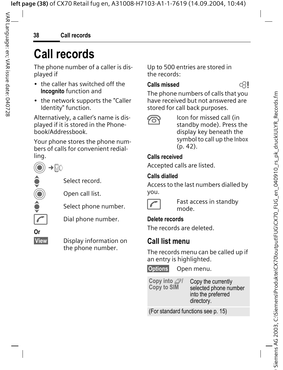 Call records | Siemens CXT70 User Manual | Page 39 / 151