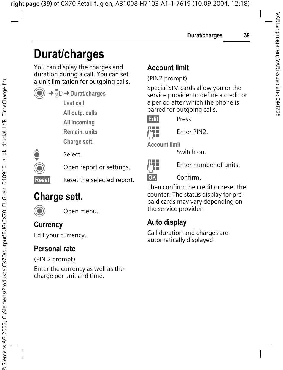 Durat/charges, Charge sett | Siemens CXT70 User Manual | Page 40 / 151