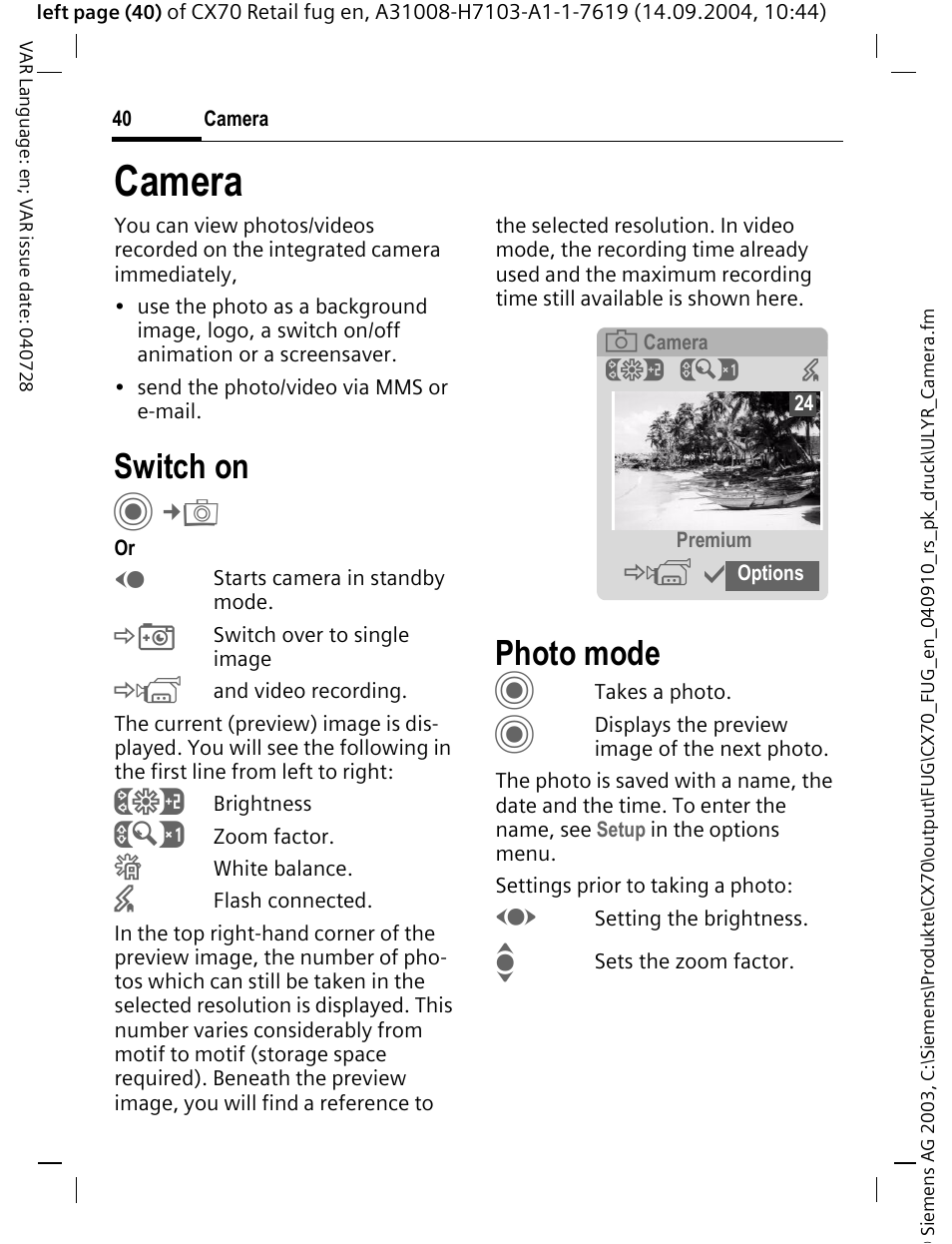 Camera, Photo mode, Switch on | Siemens CXT70 User Manual | Page 41 / 151