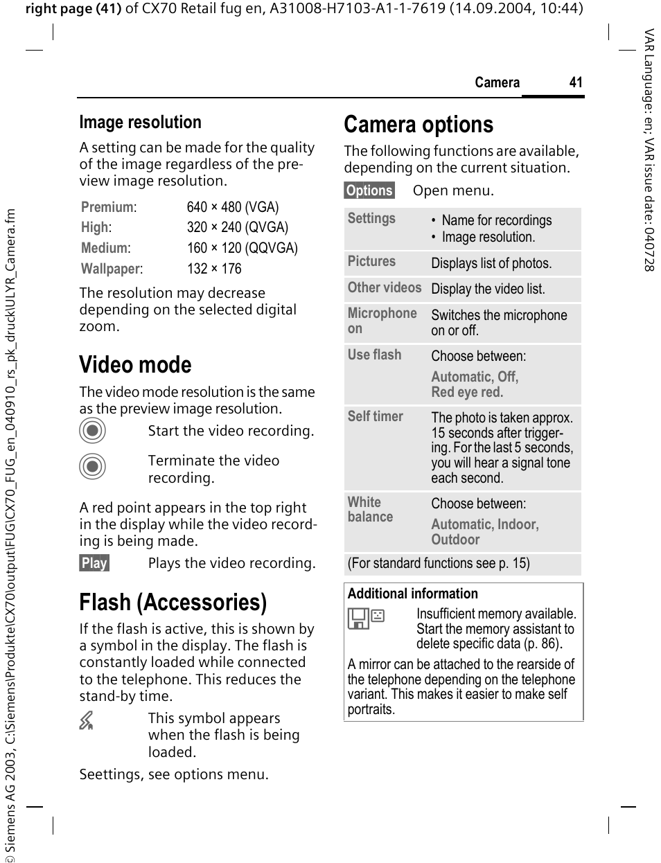 Video mode, Flash (accessories), Camera options | Image resolution | Siemens CXT70 User Manual | Page 42 / 151