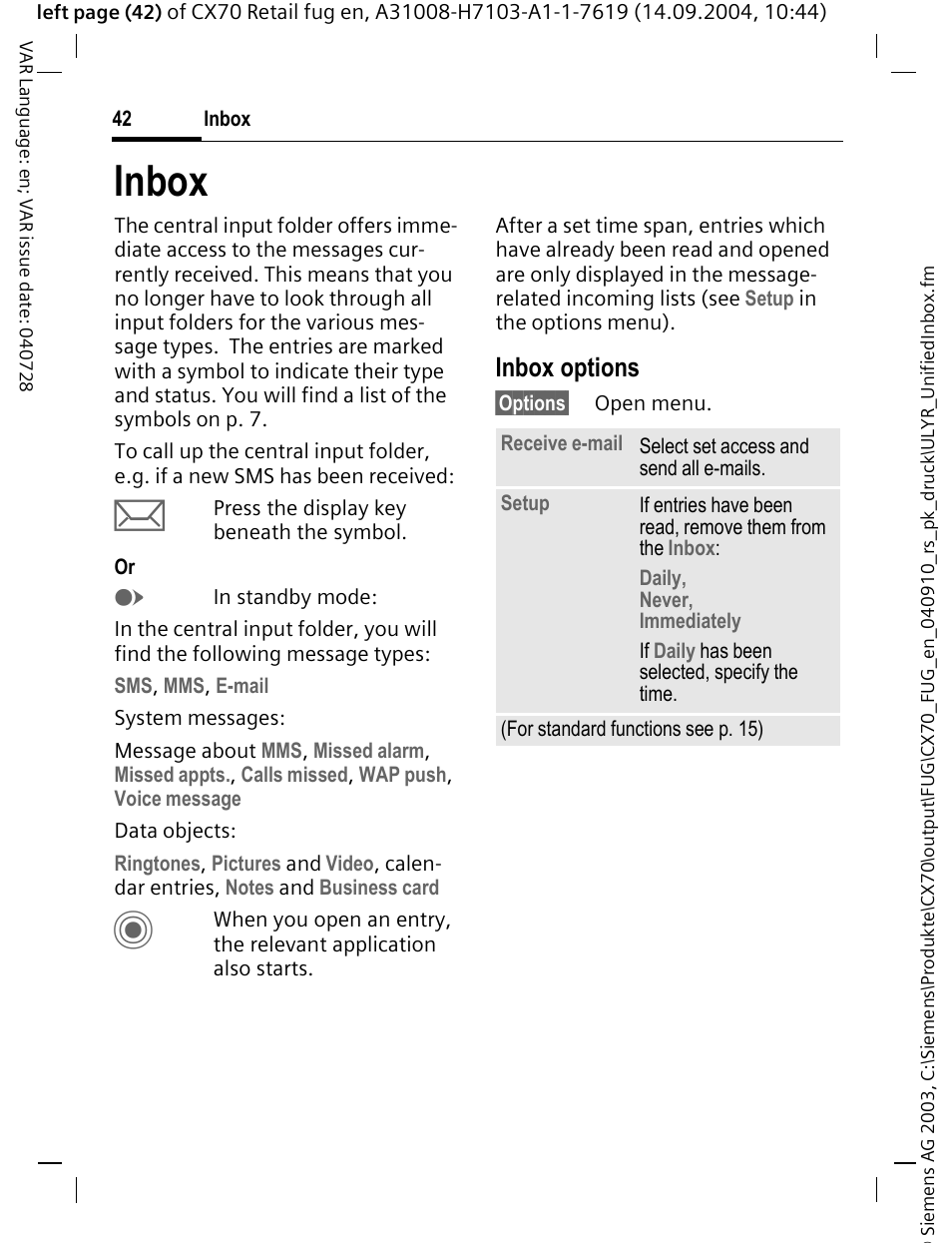 Inbox, Inbox options | Siemens CXT70 User Manual | Page 43 / 151