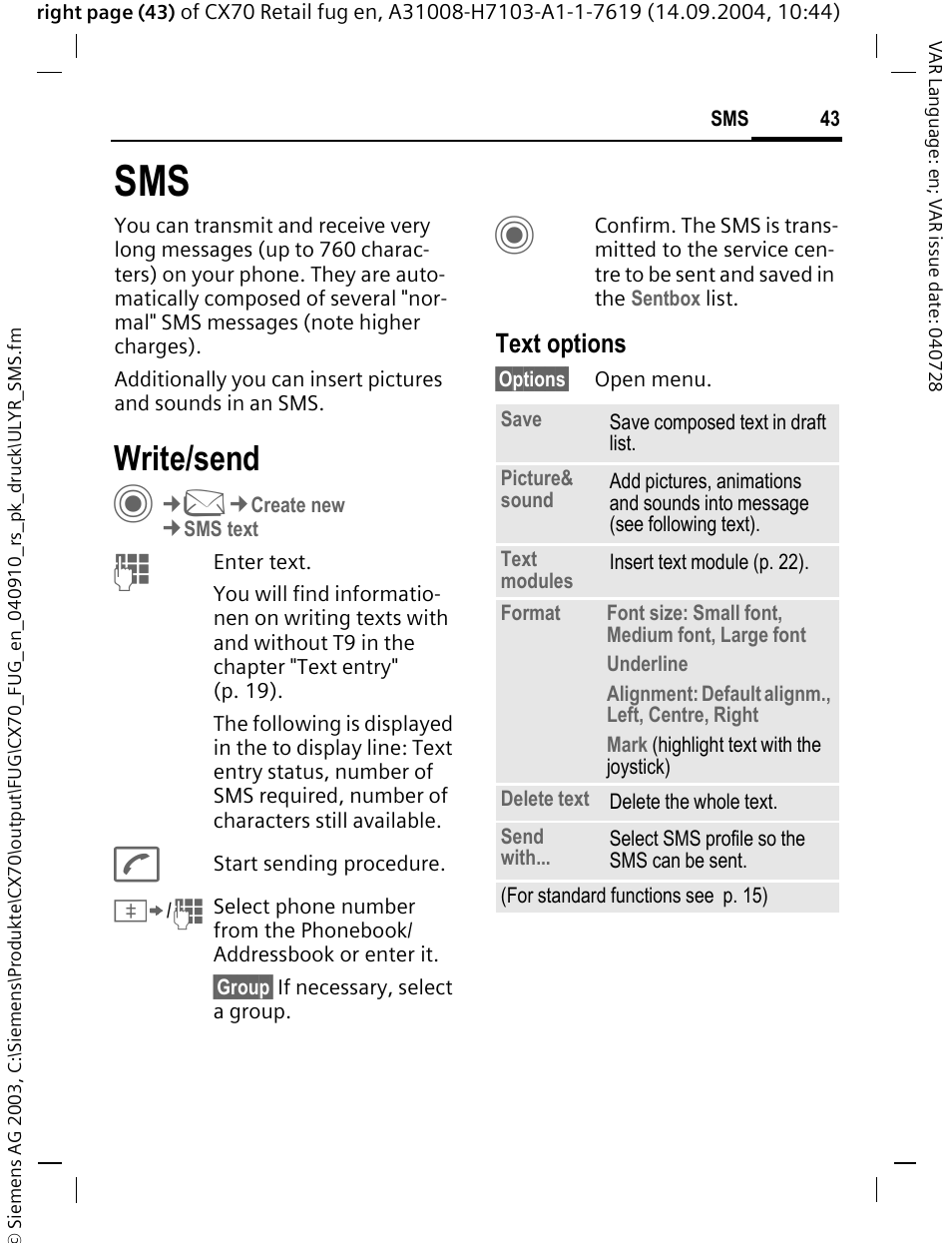 Write/send, Text options | Siemens CXT70 User Manual | Page 44 / 151