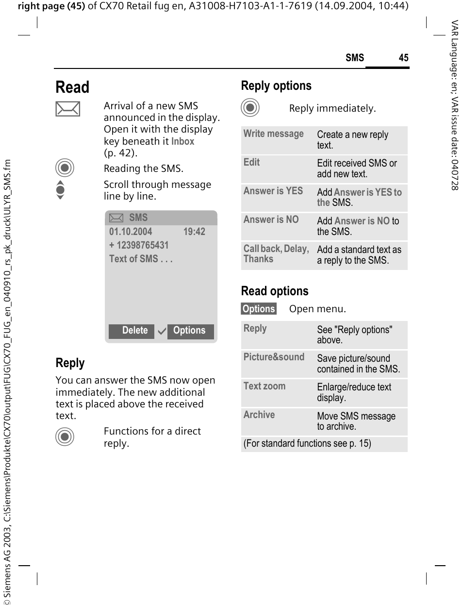 Read, Reply, Reply options | Read options | Siemens CXT70 User Manual | Page 46 / 151