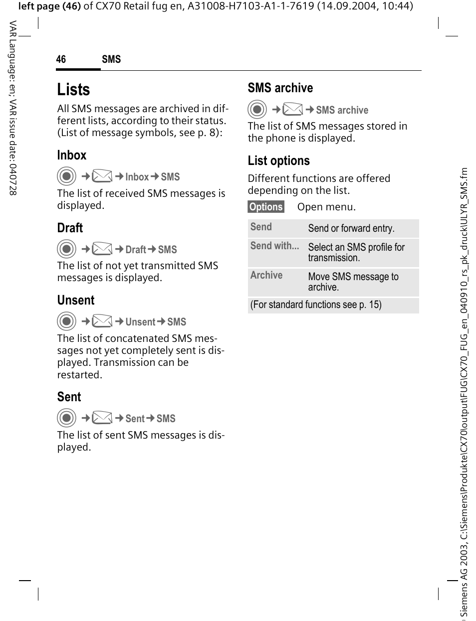 Lists | Siemens CXT70 User Manual | Page 47 / 151