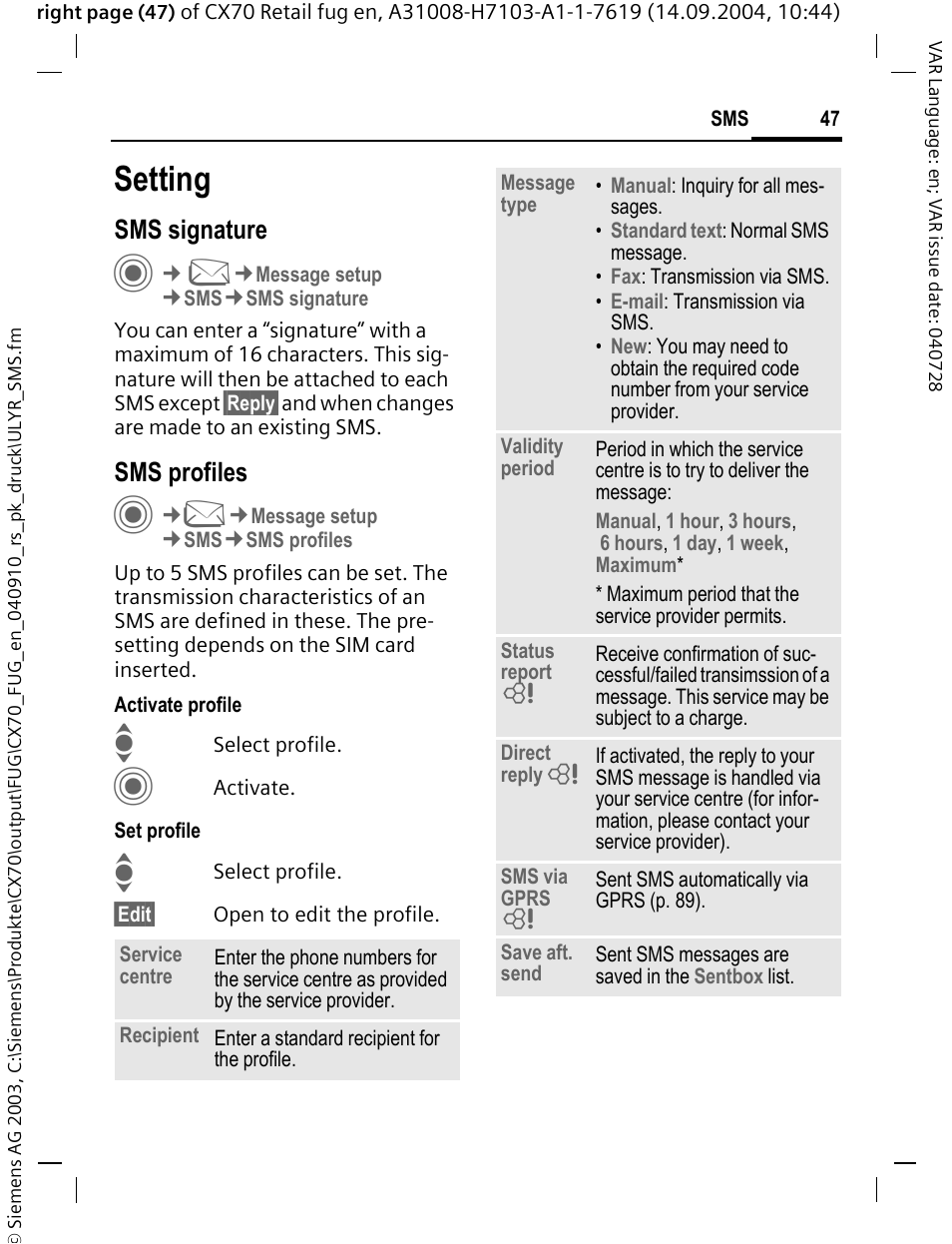 Setting, Sms signature, Sms profiles | Siemens CXT70 User Manual | Page 48 / 151