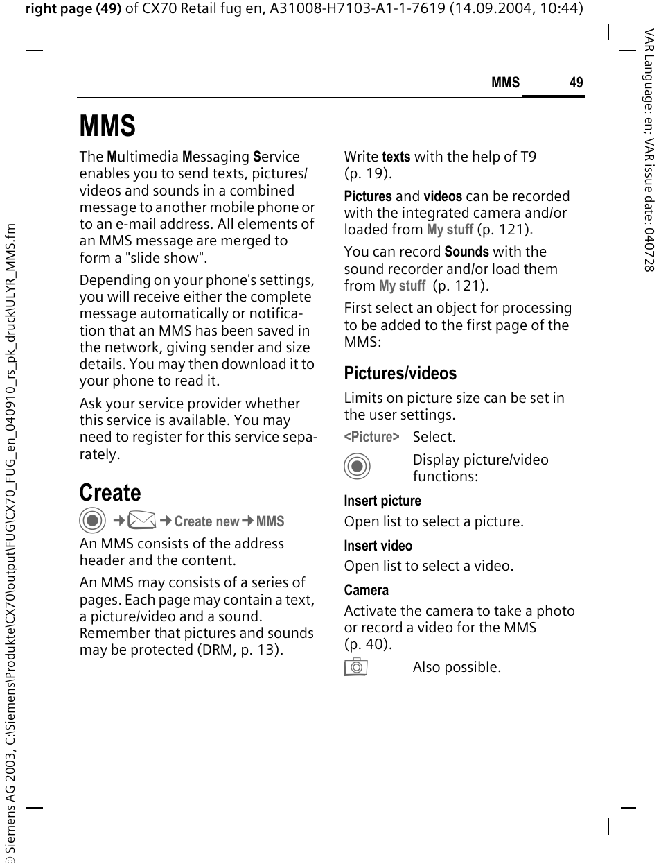 Create, Pictures/videos | Siemens CXT70 User Manual | Page 50 / 151