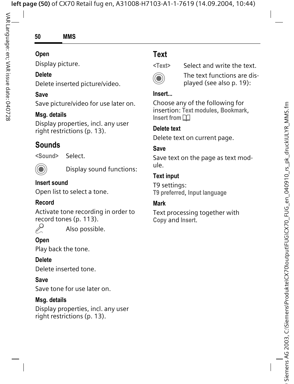 Sounds, Text | Siemens CXT70 User Manual | Page 51 / 151