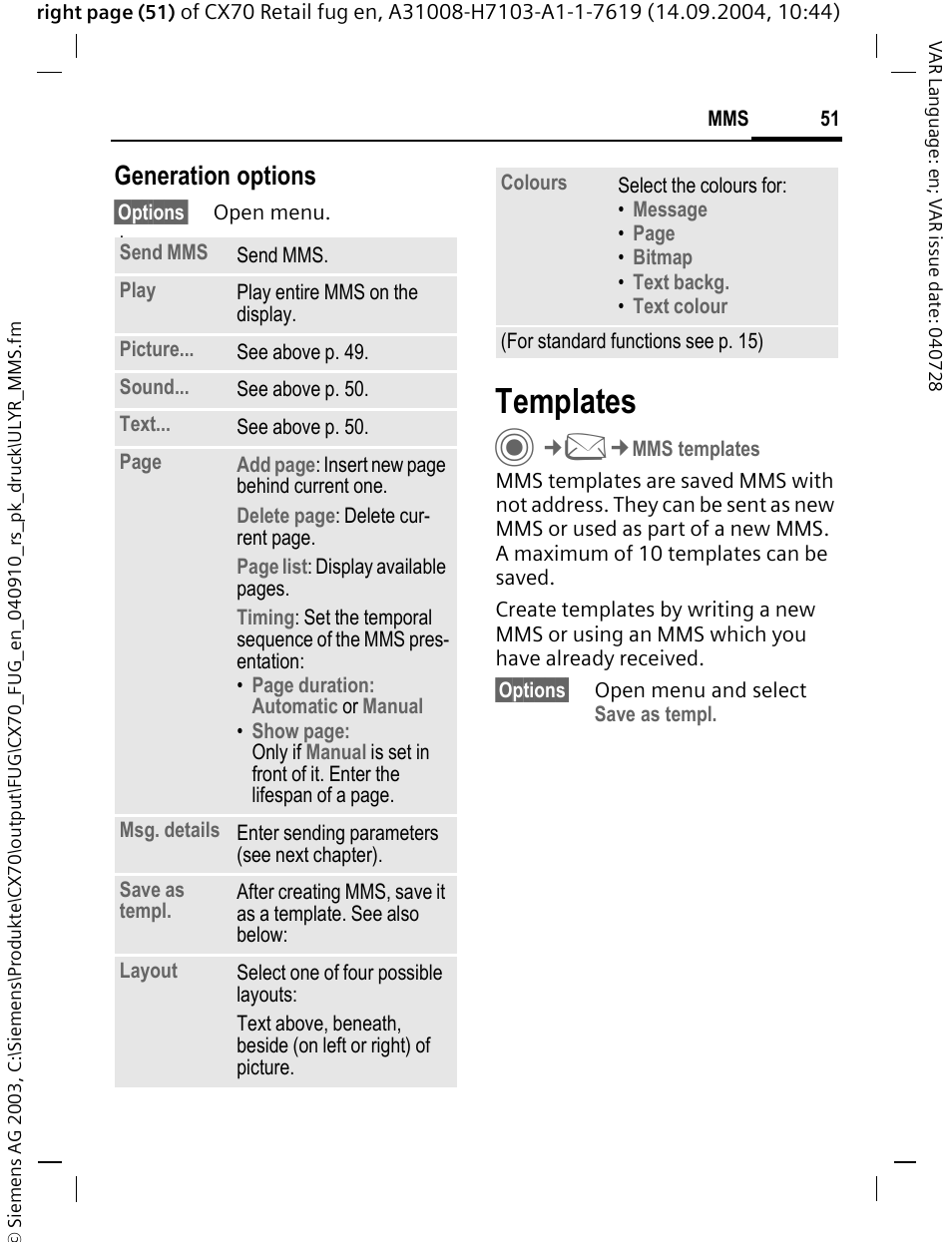 Templates, Generation options | Siemens CXT70 User Manual | Page 52 / 151