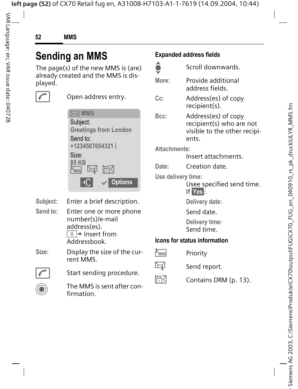 Sending an mms, Юя б | Siemens CXT70 User Manual | Page 53 / 151