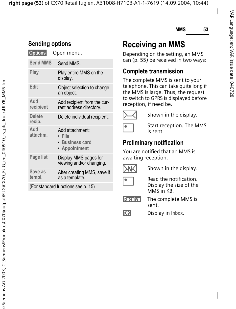 Receiving an mms, Sending options, Complete transmission | Preliminary notification | Siemens CXT70 User Manual | Page 54 / 151