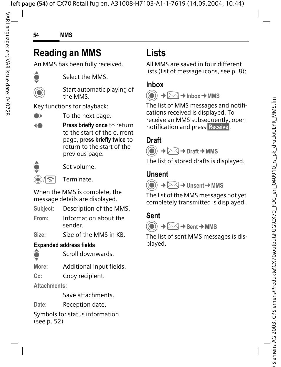 Reading an mms, Lists | Siemens CXT70 User Manual | Page 55 / 151