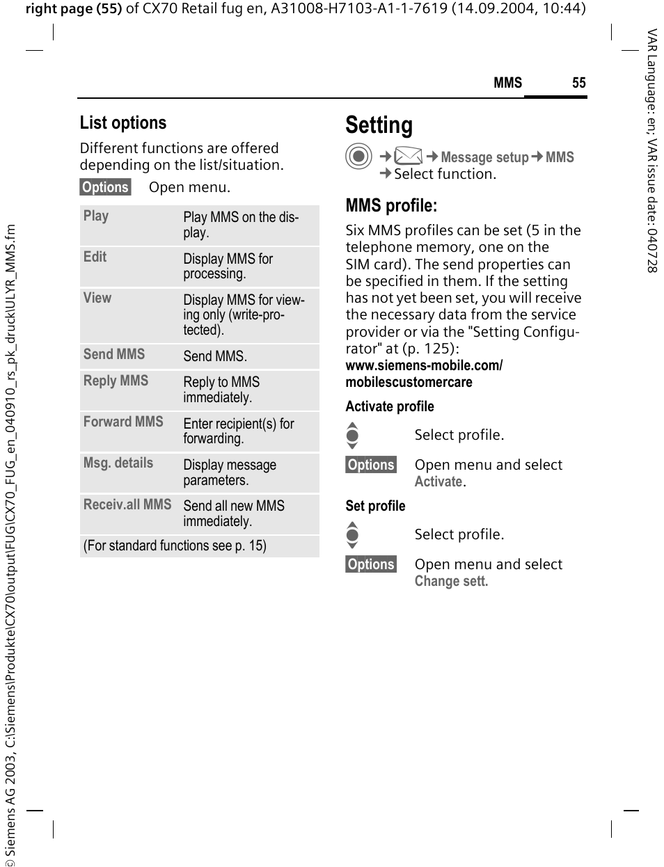 Setting, List options, Mms profile | Siemens CXT70 User Manual | Page 56 / 151