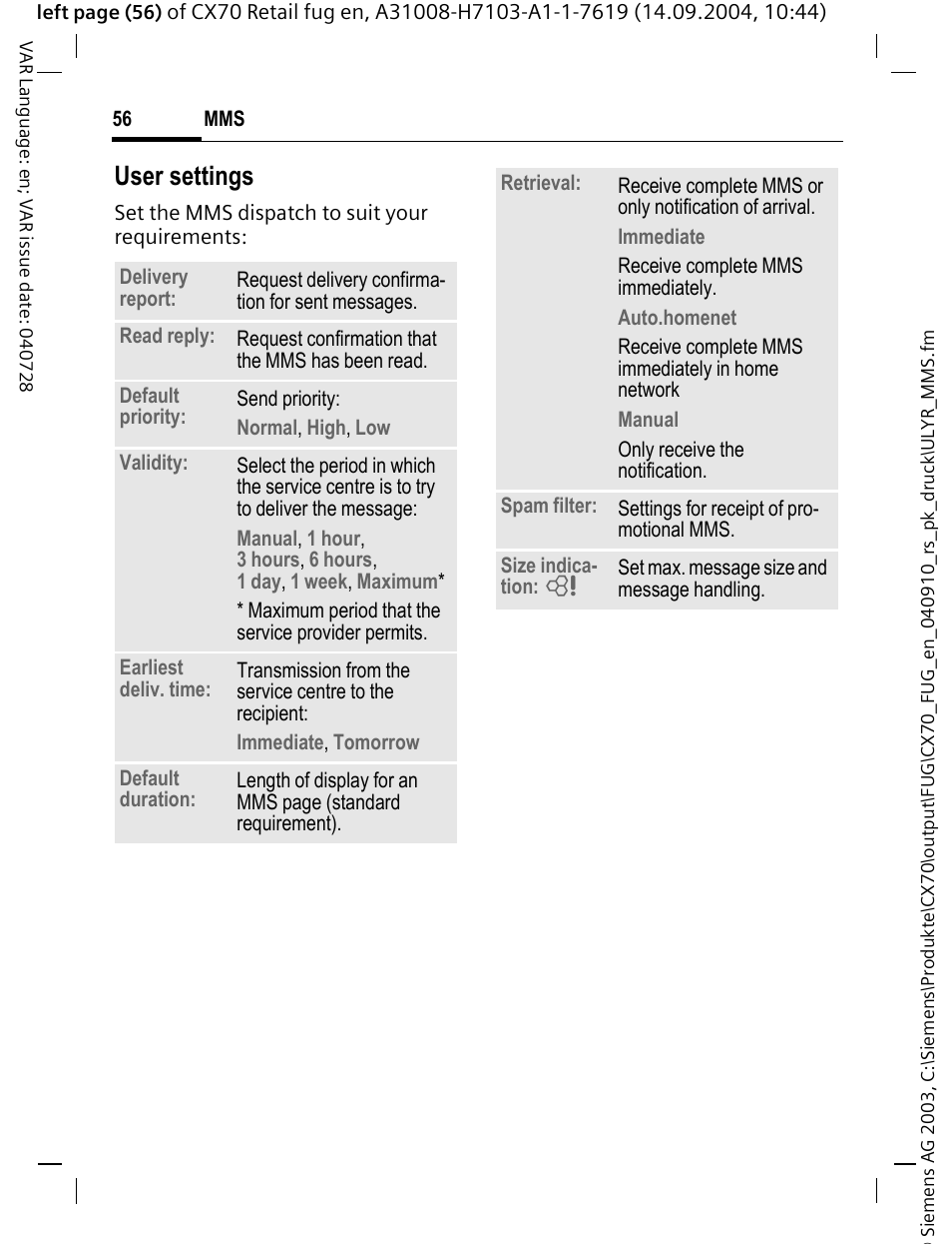 User settings | Siemens CXT70 User Manual | Page 57 / 151