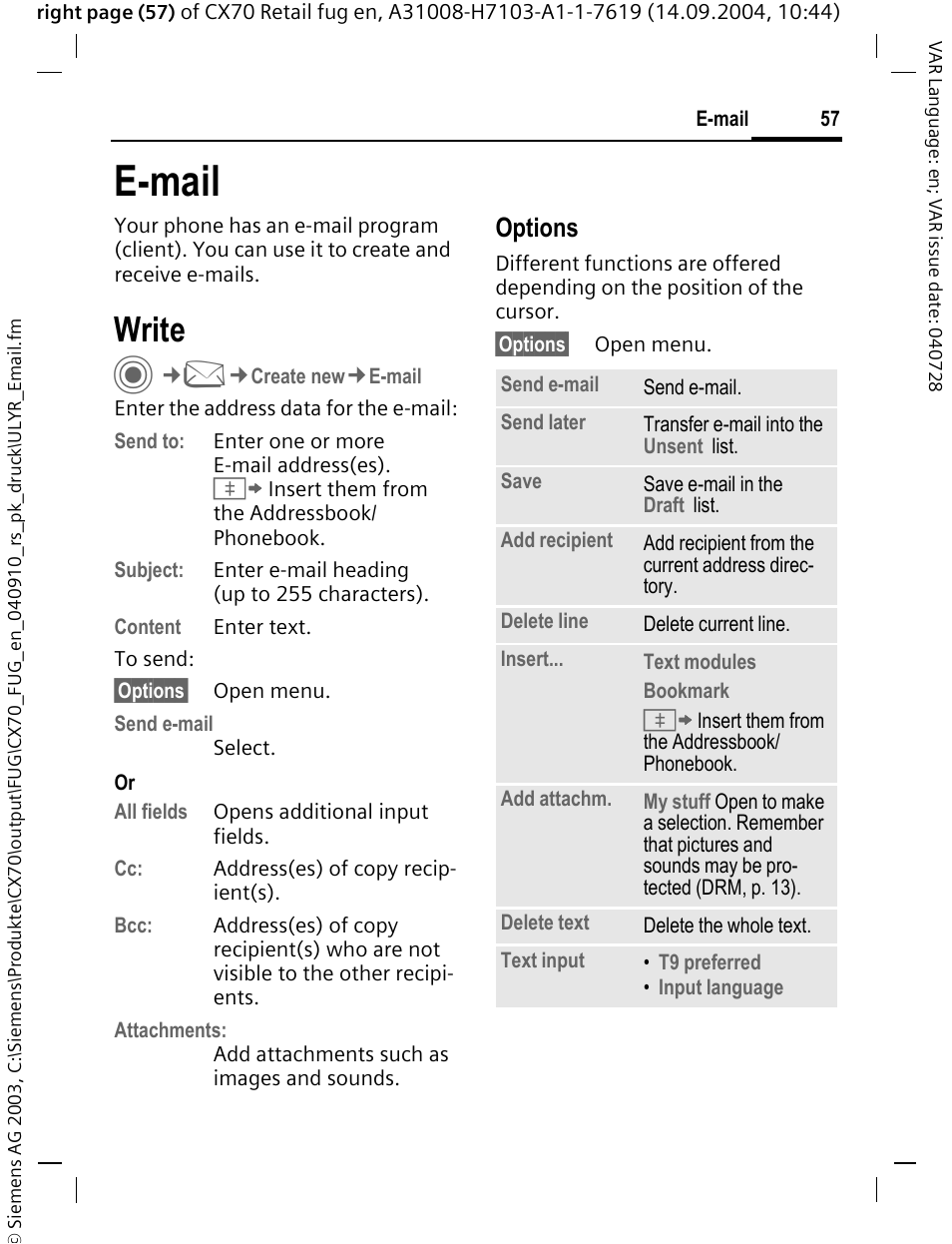 E-mail, Write, Options | Siemens CXT70 User Manual | Page 58 / 151