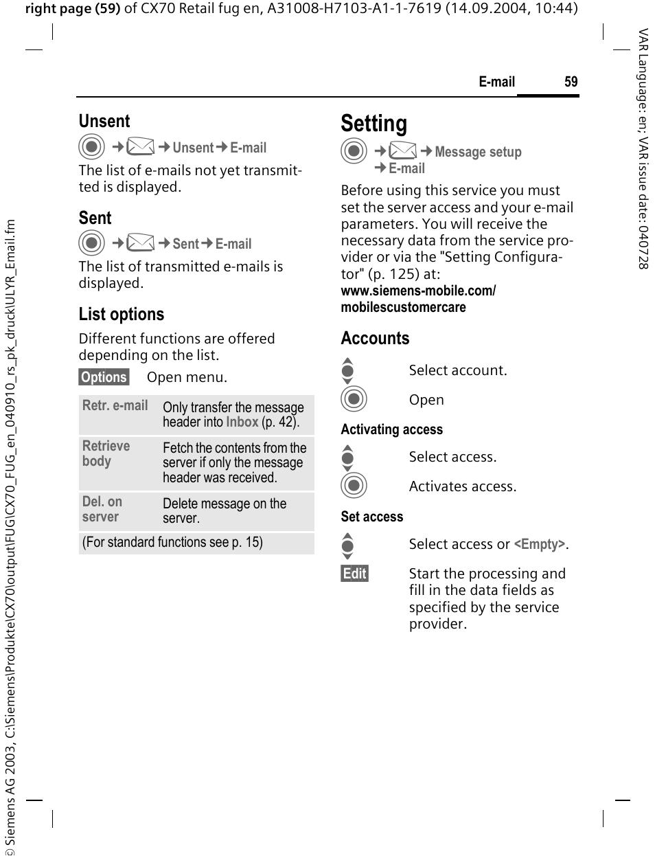 Setting | Siemens CXT70 User Manual | Page 60 / 151