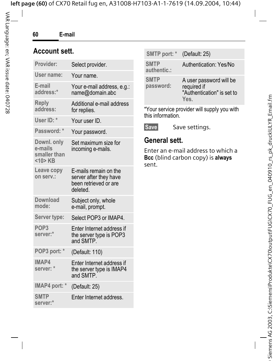 Account sett, General sett | Siemens CXT70 User Manual | Page 61 / 151