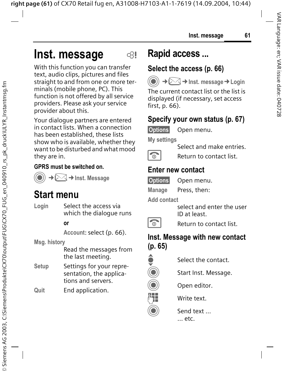 Inst. message, Start menu, P. 61 | Rapid access | Siemens CXT70 User Manual | Page 62 / 151