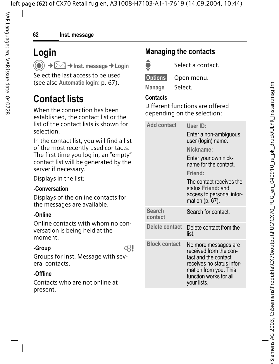 Login, Contact lists, Managing the contacts | Siemens CXT70 User Manual | Page 63 / 151