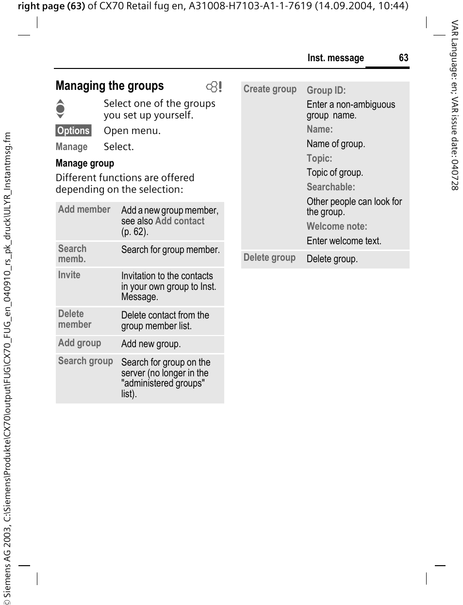 Managing the groups b | Siemens CXT70 User Manual | Page 64 / 151