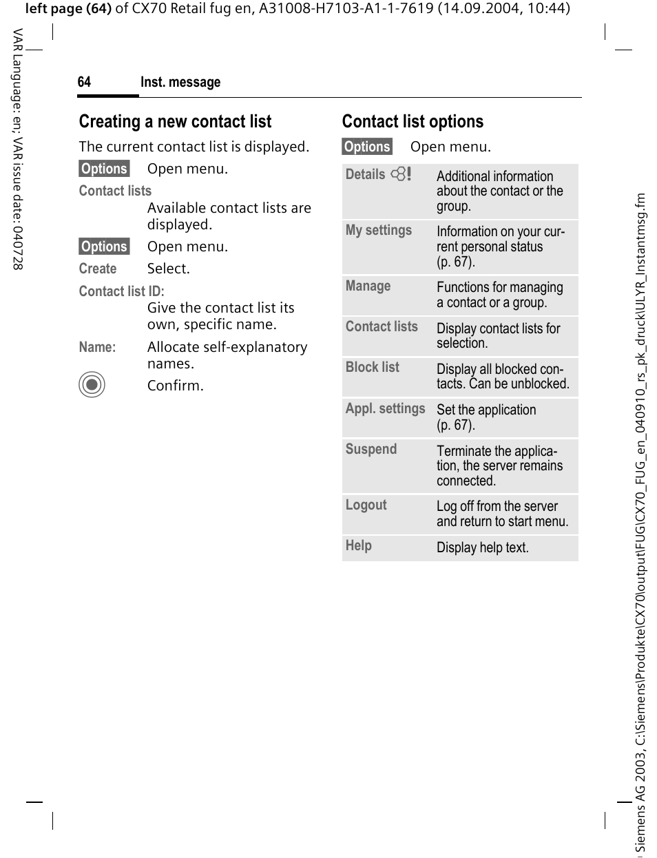 Creating a new contact list, Contact list options | Siemens CXT70 User Manual | Page 65 / 151