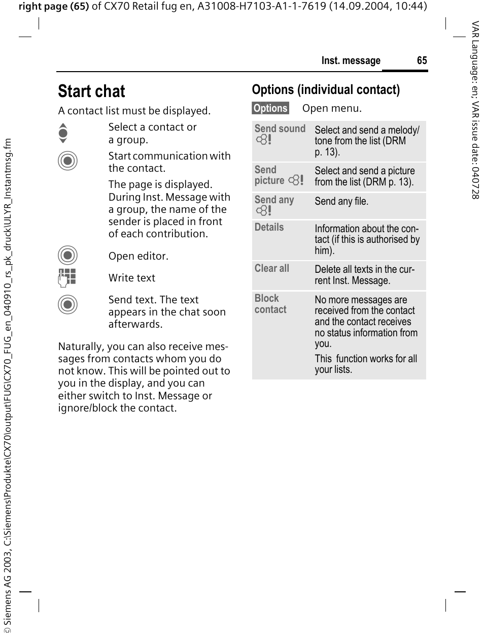 Start chat, P. 65), Options (individual contact) | Siemens CXT70 User Manual | Page 66 / 151