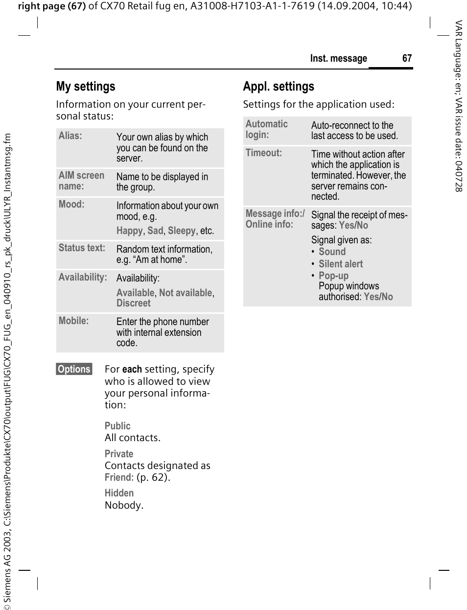 Specify your own status (p. 67), My settings, Appl. settings | Siemens CXT70 User Manual | Page 68 / 151