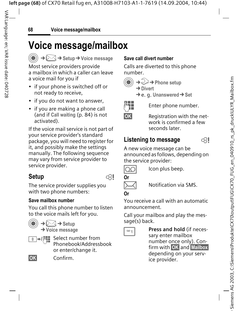 Voice message/mailbox, Voice message/mailbox c | Siemens CXT70 User Manual | Page 69 / 151