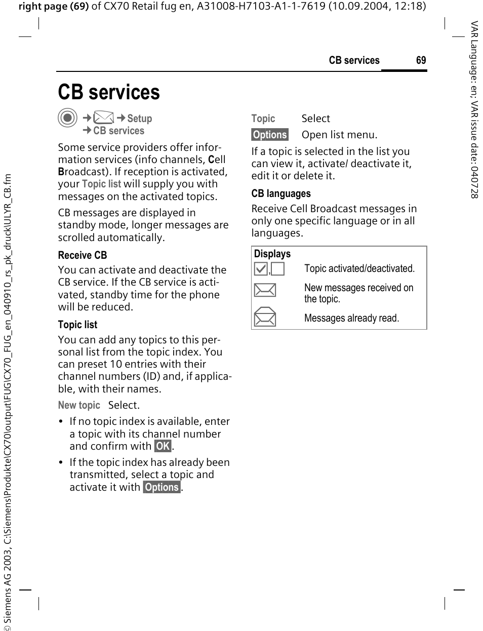 Cb services, Cb services c | Siemens CXT70 User Manual | Page 70 / 151