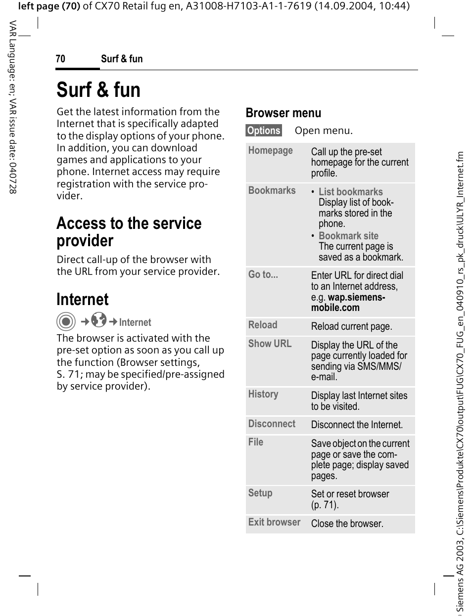 Surf & fun, Internet, Access to the service provider | Browser menu | Siemens CXT70 User Manual | Page 71 / 151