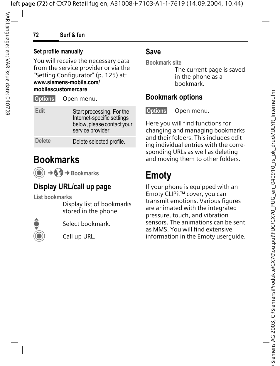 Bookmarks, Emoty, Display url/call up page | Save, Bookmark options | Siemens CXT70 User Manual | Page 73 / 151