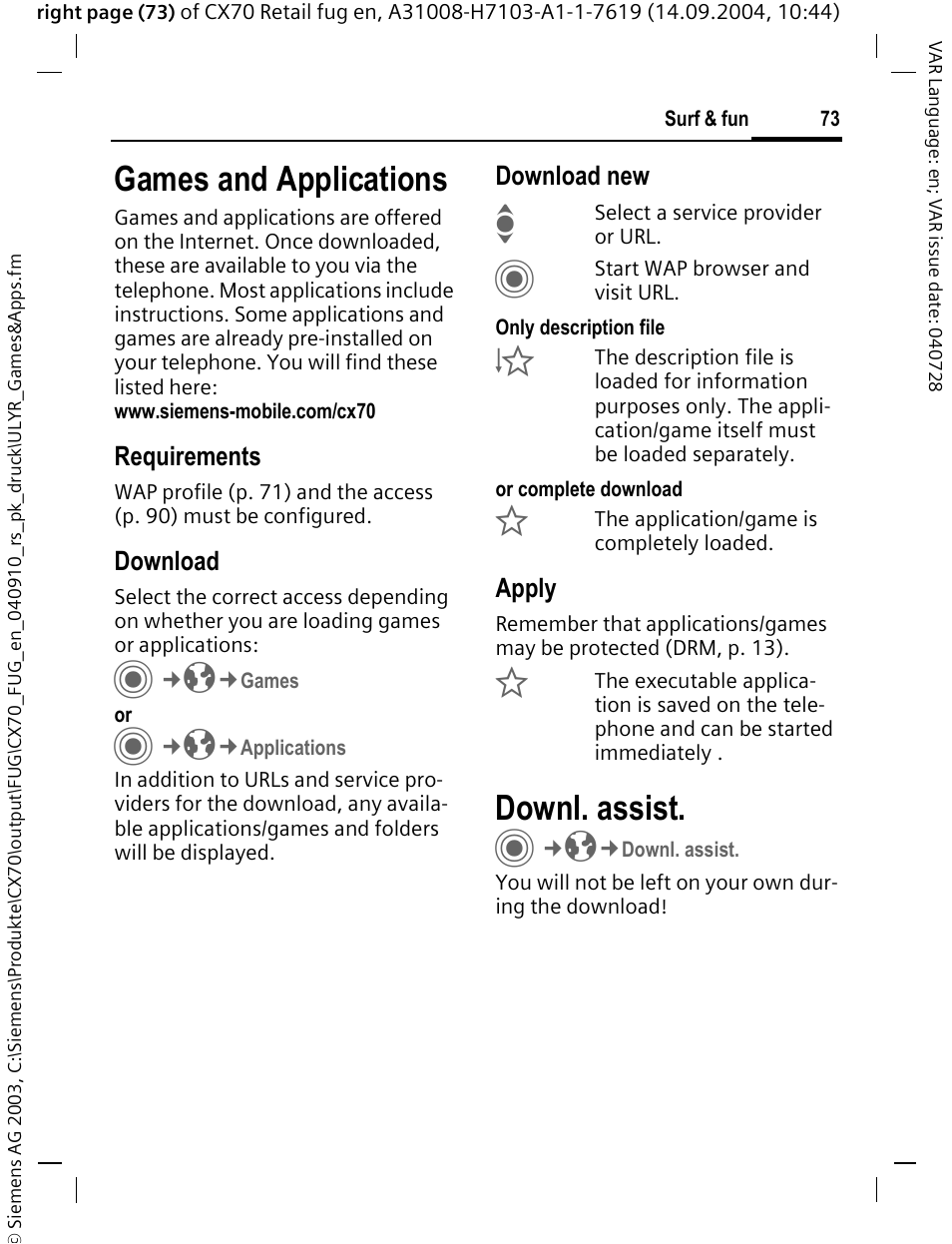 Games and applications, Downl. assist, P. 73) | Siemens CXT70 User Manual | Page 74 / 151